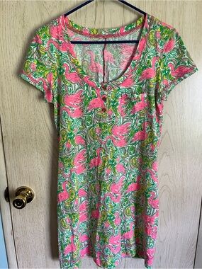 Lilly Pulitzer Palmetto Dress Pima Cotton Pink Green Flamingo Medium